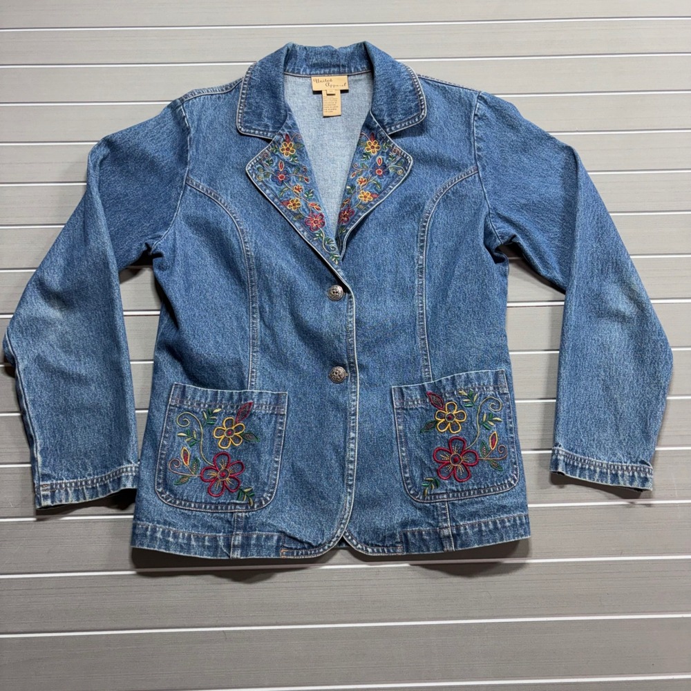 United Apparel Womens Floral Embroidered Denim Blazer Jacket Medium Wash Blue M